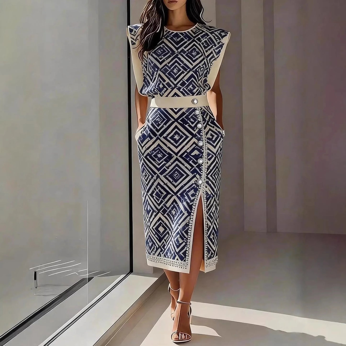 Elegant Print Sleeveless Vest Two Piece Skirt Set for Women