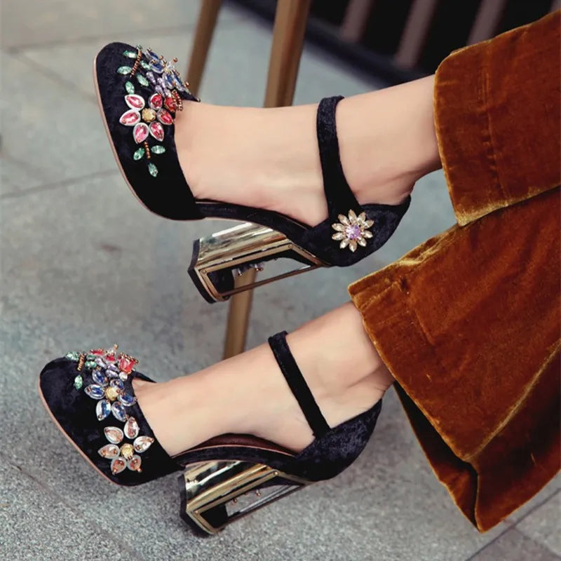 Handmade Rhinestone Embellished Crystal Flower Mary Janes for Women