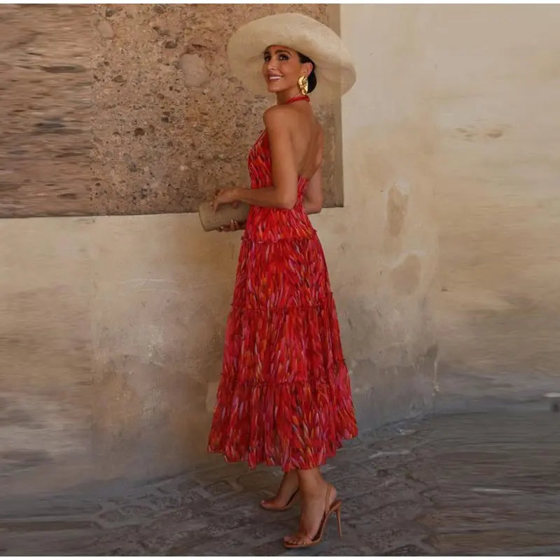 Printed Halter Neck Maxi Dress and Cropped Jacket Set for Women
