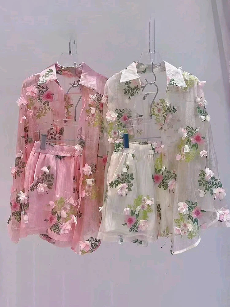 Breathable Embroidered Floral Chiffon Two Piece Set for Women