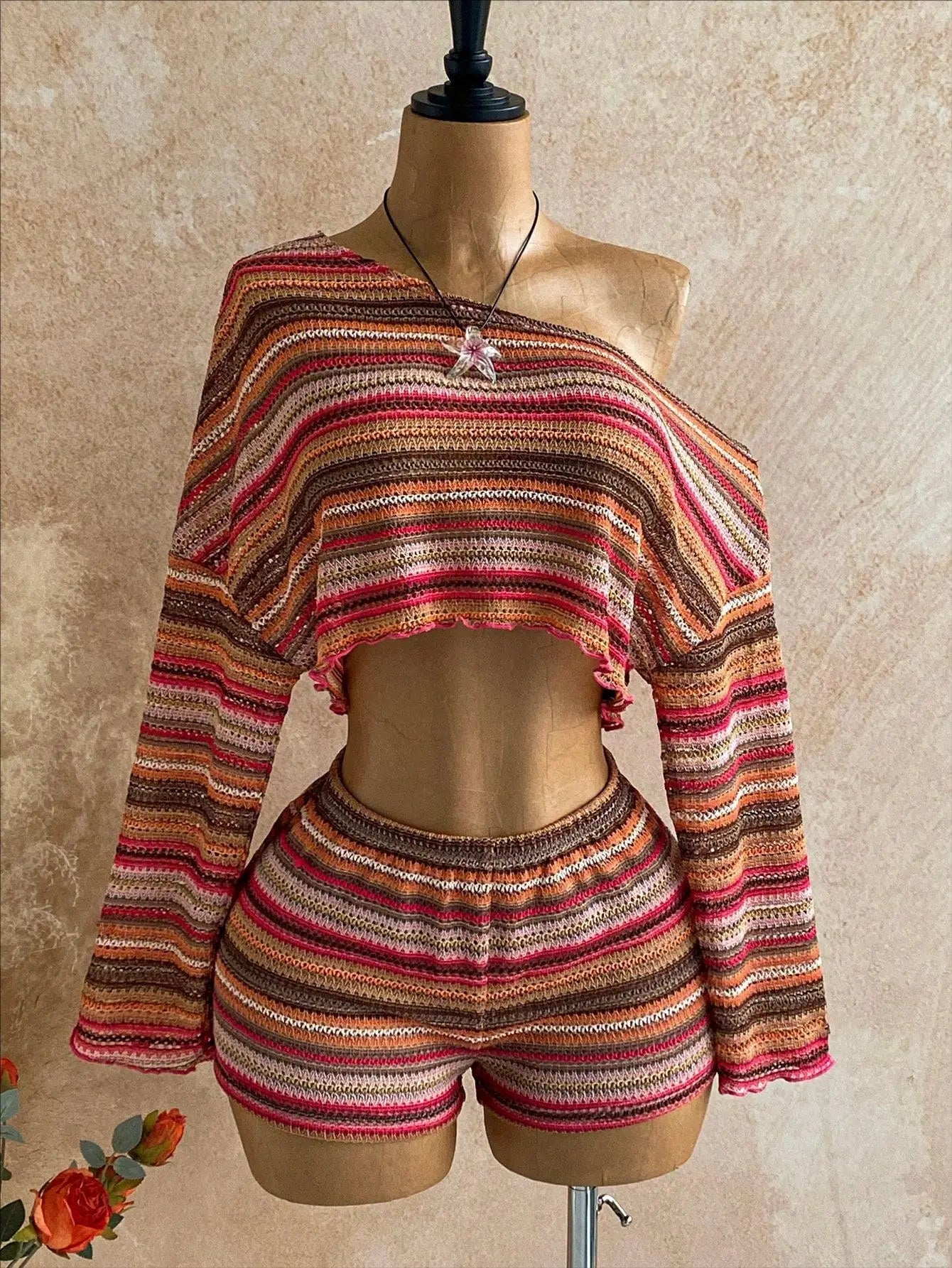 Slanted Shoulder Knit Two Piece Shorts Set for Women
