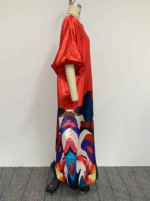 Gymystars Elegant Party Dresses Flower Print Maxi Dress Fashion Loose Puff Sleeves Split-Front Casual Red Evening Dress Ladies