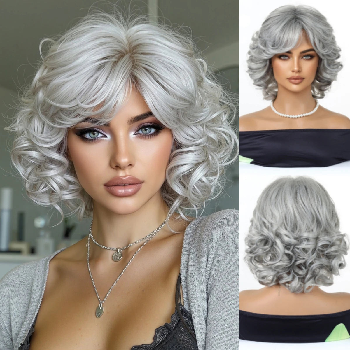 Platinum Blonde Short Wavy Bob Wig With Bangs for Women