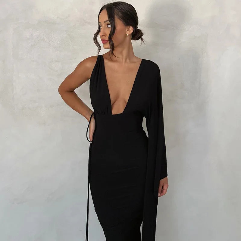 Cryptographic Fashion Draped Deep V Sexy Backless Maxi Dresses Party Club Women Elegant One Shoulder Gown Slip Dresses Ruched