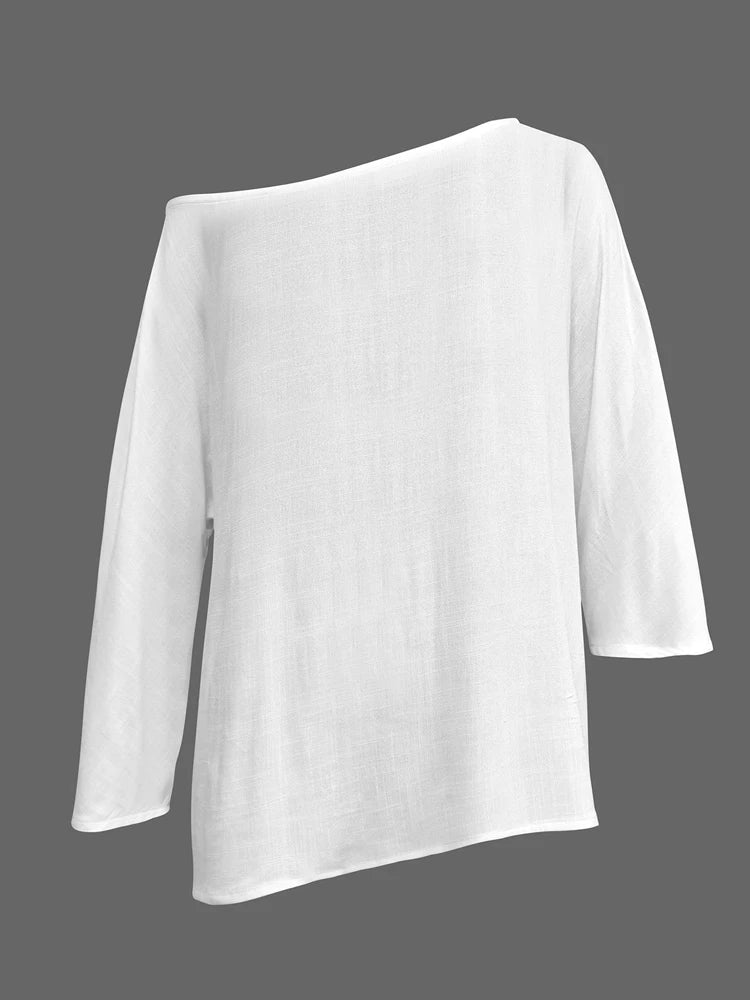 2025 Summer Spring Casual White T-shirts One-shoulder Long Sleeves Loose Simple Basic Tops Tee Shirts S-2XL