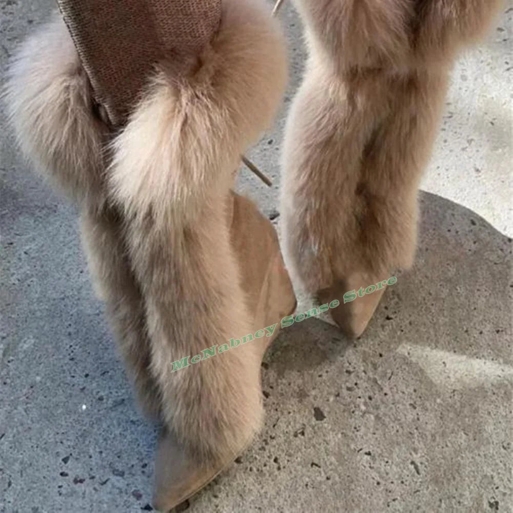 Suede Pointed Toe Lace Up Mid Calf Wedge Boots For Women