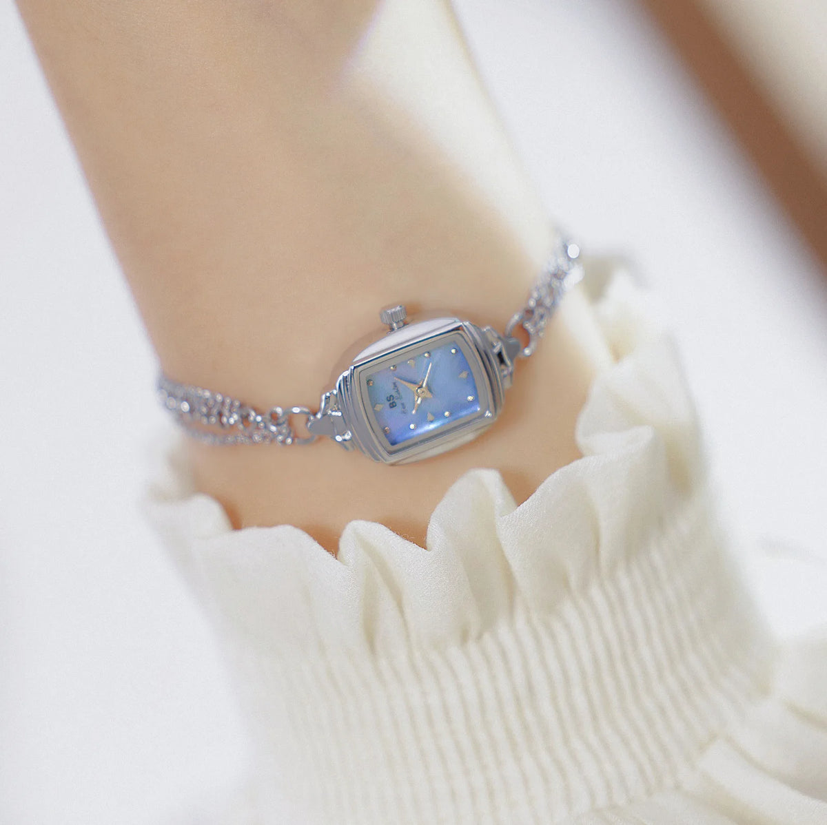Light Blue Bracelet Watch With Silver Quartz Movement for Women