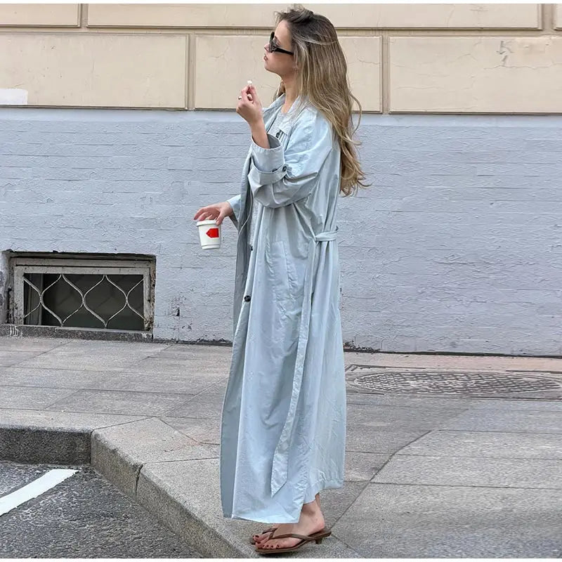 Lapel Collar Button Front Long Trench Coat With Waist Belt for Women