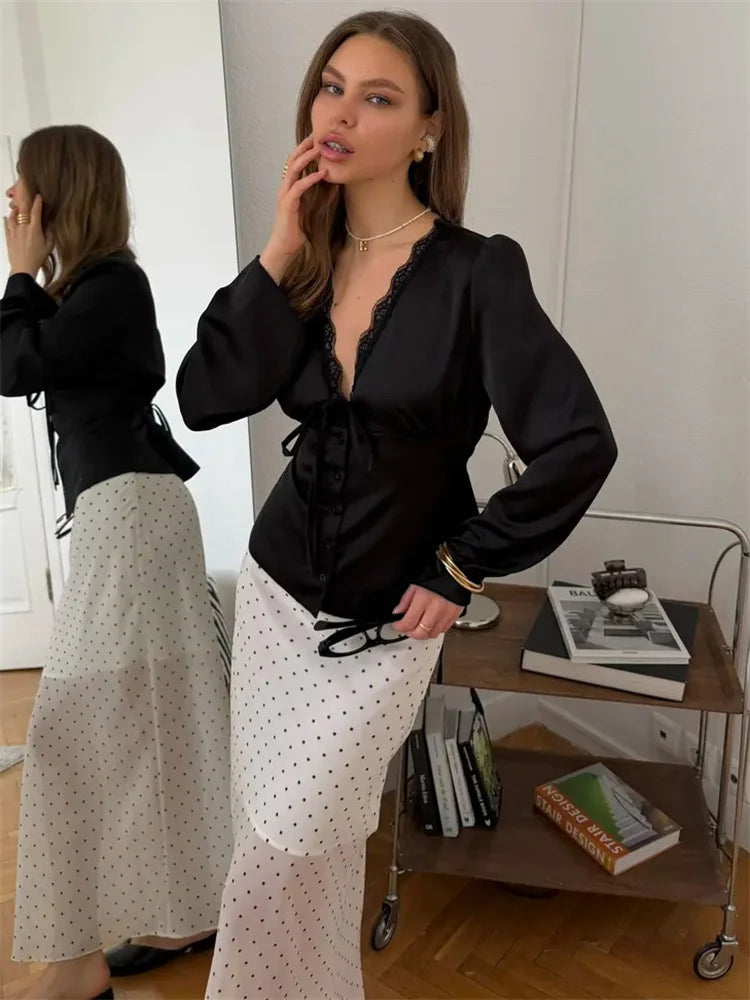 Lace-Up Satin Patchwork V-Neck Vest Top for Women**