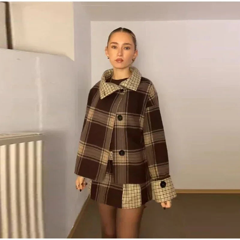 Elegant Chic Loose Fit Grid Coat and Skirt Set for Women