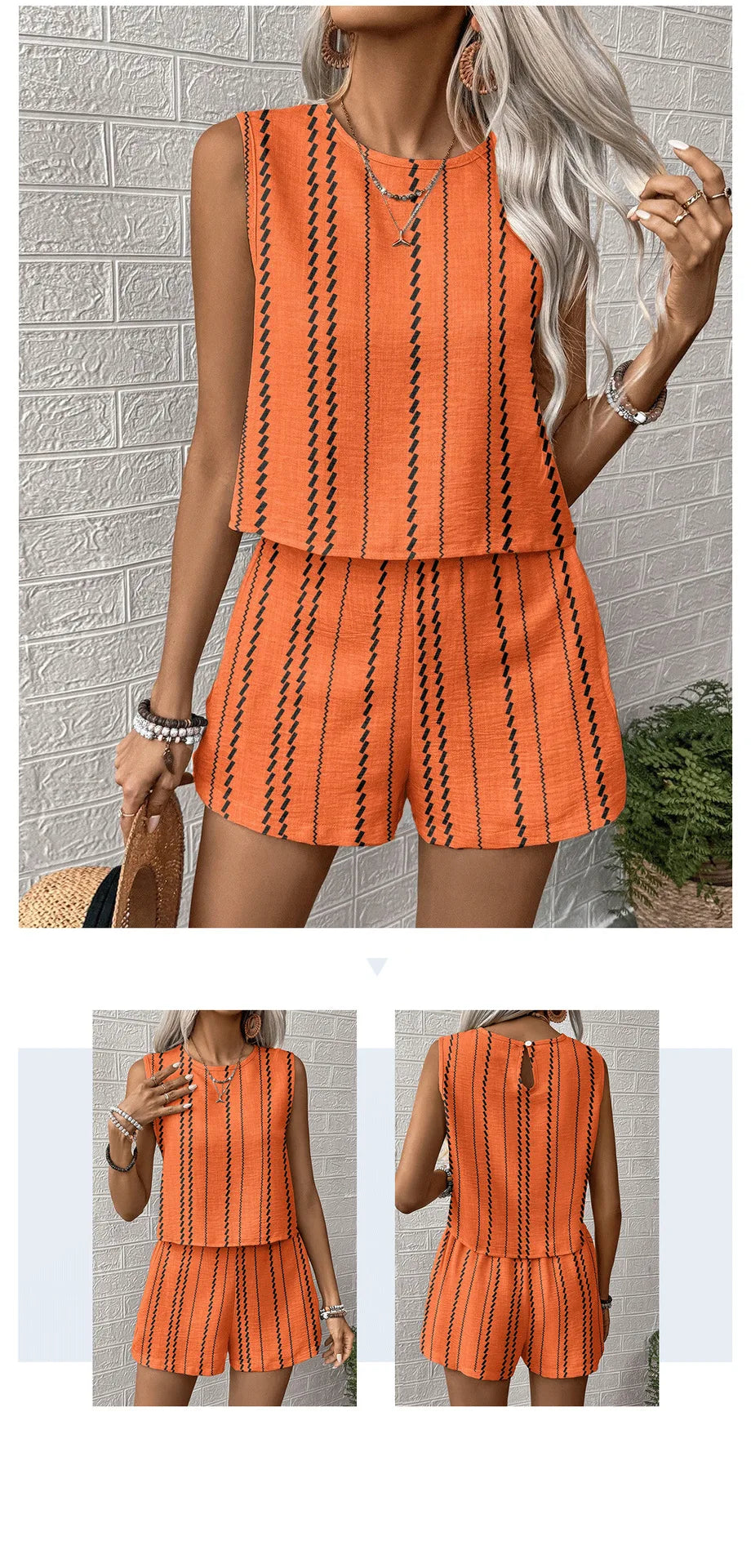 Vertical Striped Crop Top And Shorts Two Piece Set for Women