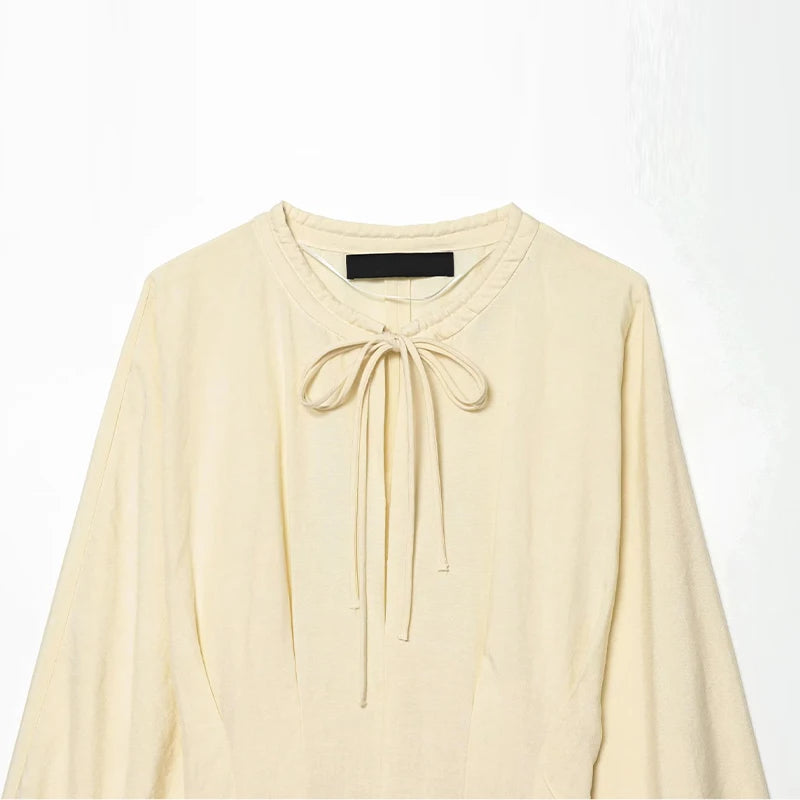 Lace Up Pleated Lantern Sleeve Midi Dress for Women