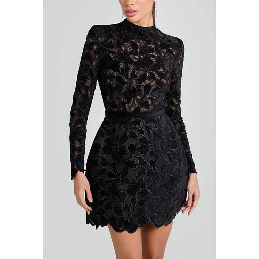 Long Sleeve Simple Elegant Mini Dress, Women Spring Autumn O Neck Sweet Party Dress, Solid Patchwork Hollow Ladies Dress