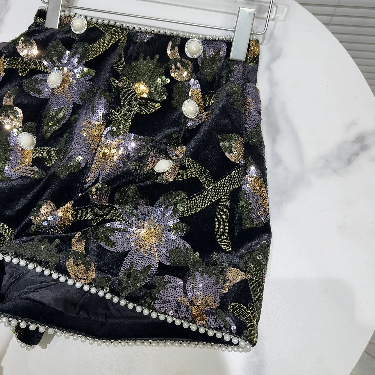 Sequined Embroidered Velvet Shorts