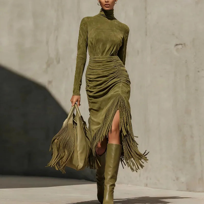 Retro Solid High Waist Tassels Pleated Dress Woman Elegant Turtleneck Irregular Party Dresses Autumn Long Sleeve Slim Sexy Dress