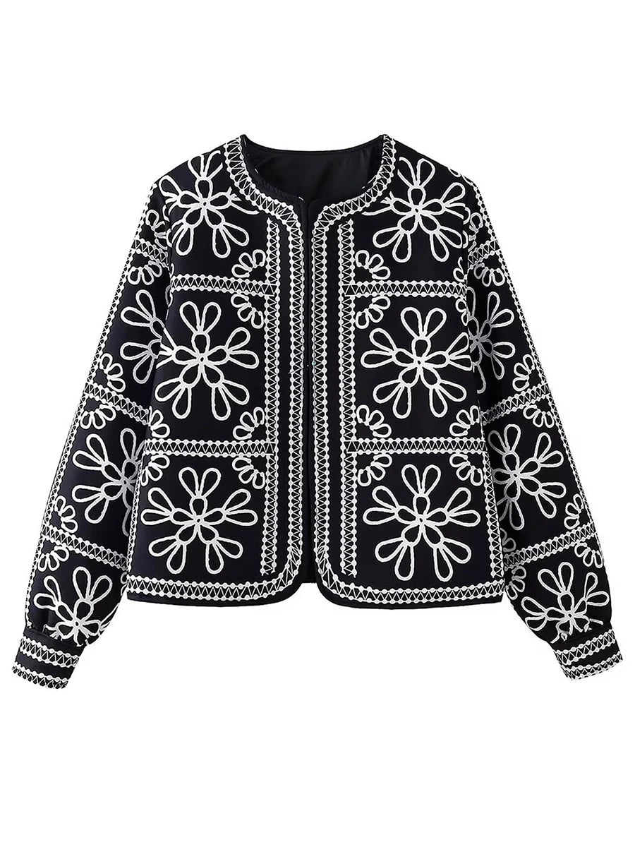 Women'S Retro Open Front Printed Embroidered Jacket, Lightweight Casual Long Sleeved Autumn Street Fashion Cardigan