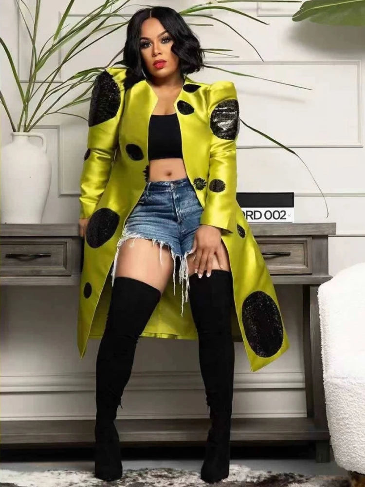 Sequin Spliced Long Sleeve Longline Blazer Coat for Women