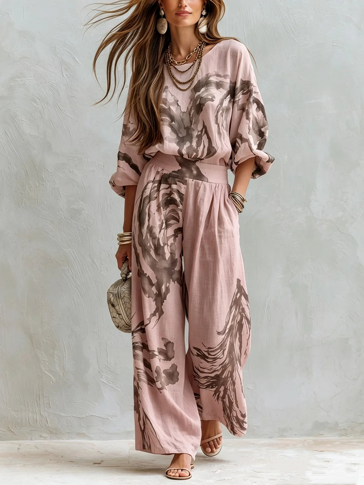 Casual Retro Printed Two Piece Pants Set for Women