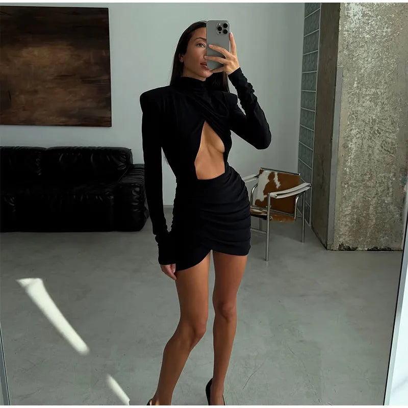 Women Sexy Hollow Out Pleated Mini Dress Fashion Solid Half High Collar Full sleeve Short Dresses Lady 2025 Chic Party Robes