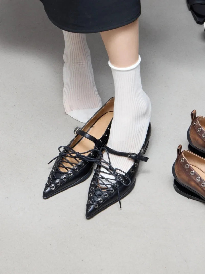 Retro Pointed Toe Lace-Up Rivet Detail Pumps for Women