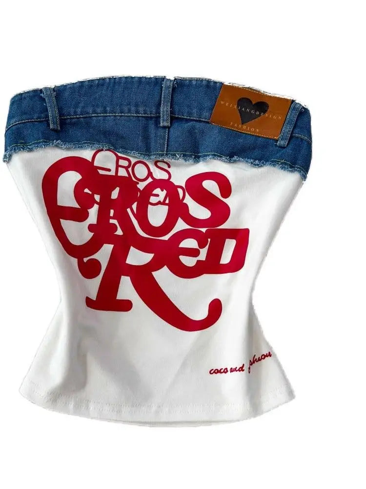 Spicy girl letter embroidered strapless top sexy women's summer retro denim patchwork slim fit camisole vest for street wear