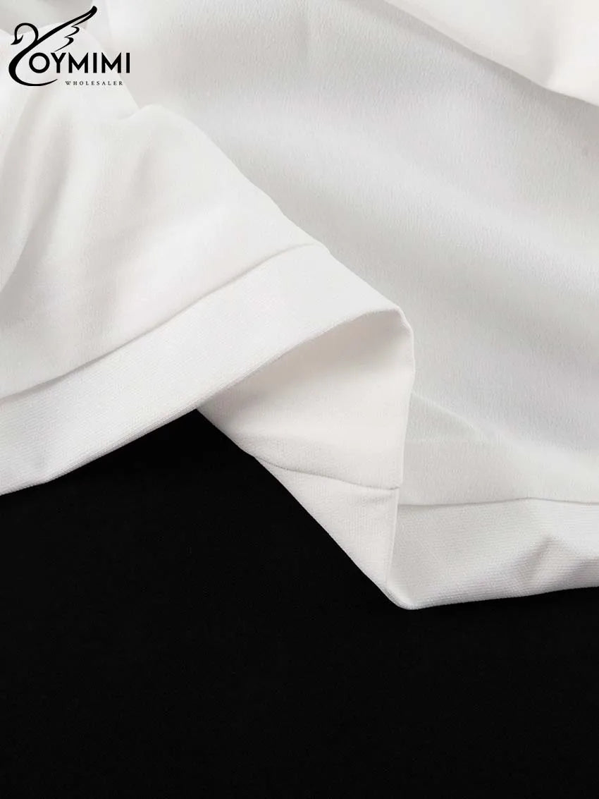 Oymimi Casual White O-Neck Dresses For Women Elegant Long Sleeve Slim Pockets Dresses Autumn Straight Mini Dress Female Clothing