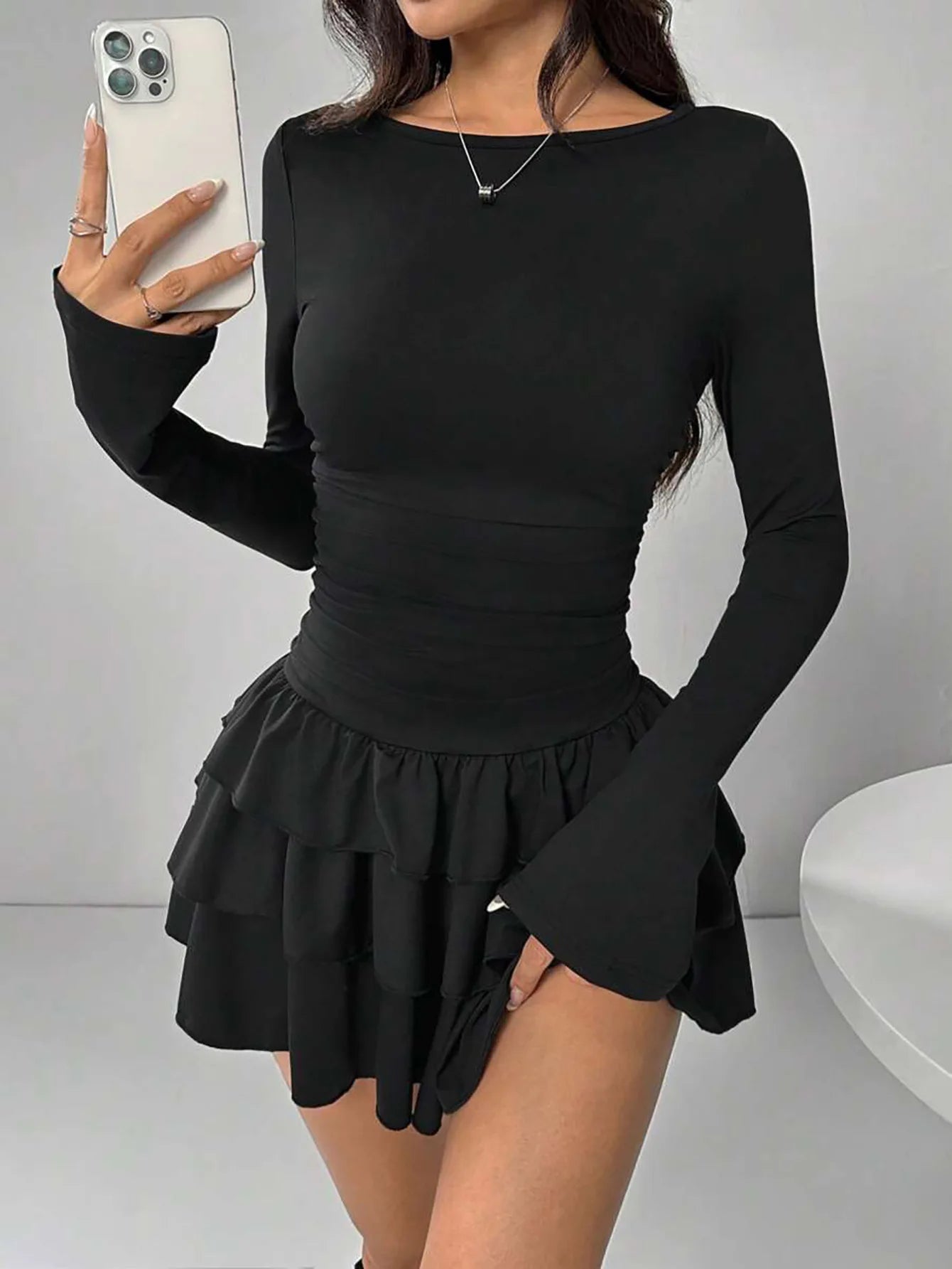 Elegant Cascading Ruffle Flare Sleeve Bodycon Dress for Women