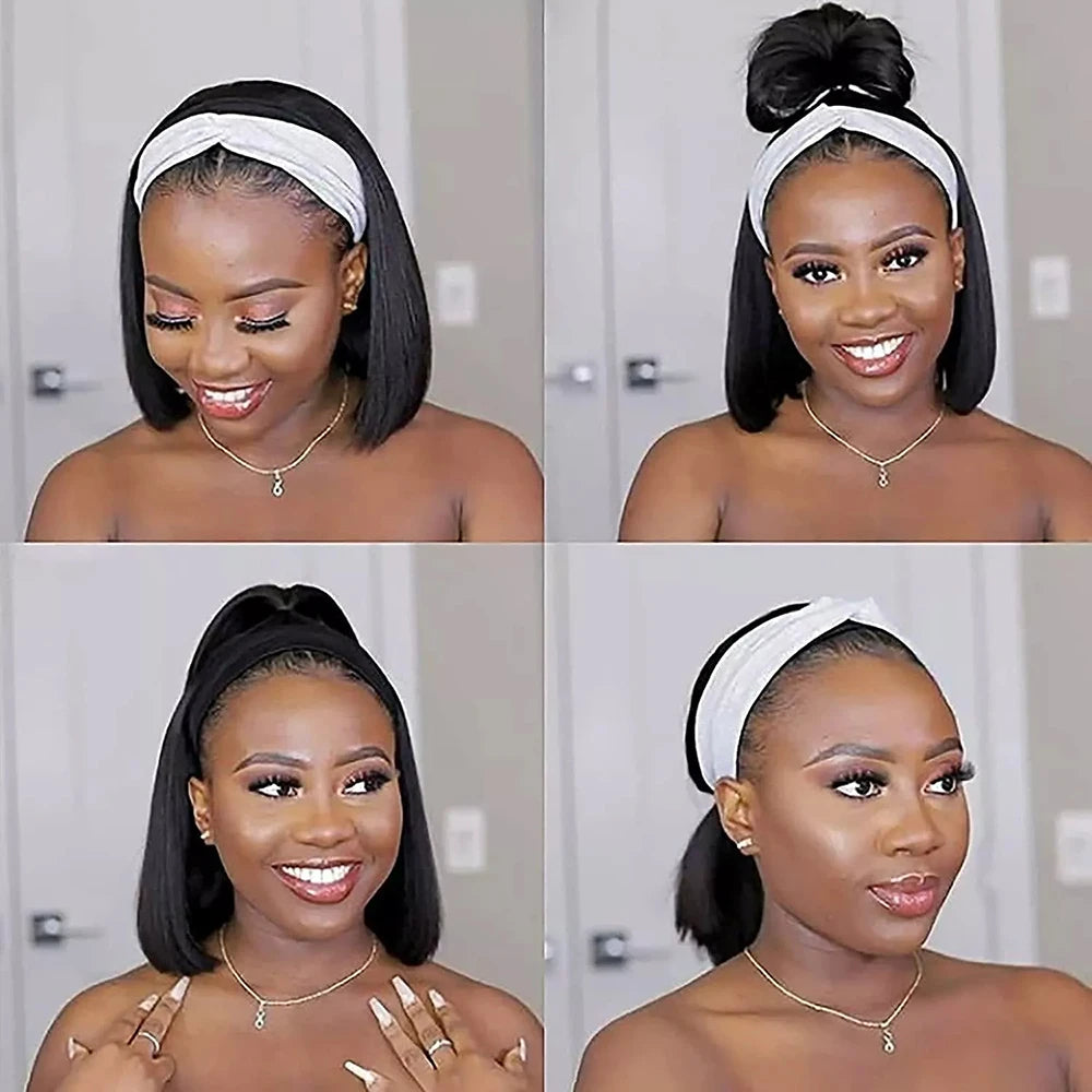 Headband Wigs Human Hair Bob Headband Wigs for Black Women Easy Put On and Go Glueless Wigs Short Straight Wigs Machine Made Wig