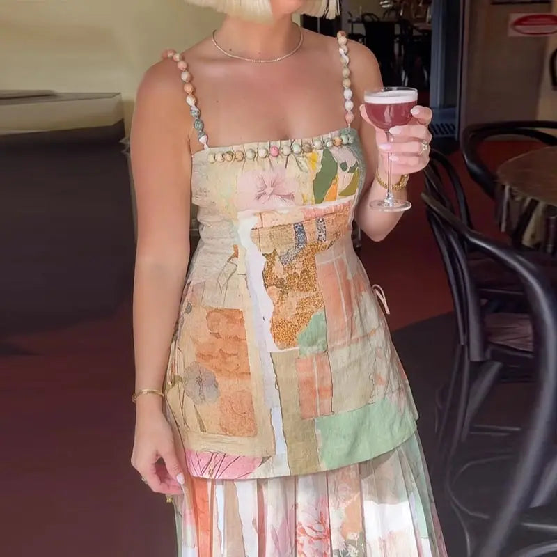 Long Printed Patchwork A-line Beaded Sleeveless Backless Dress for Women