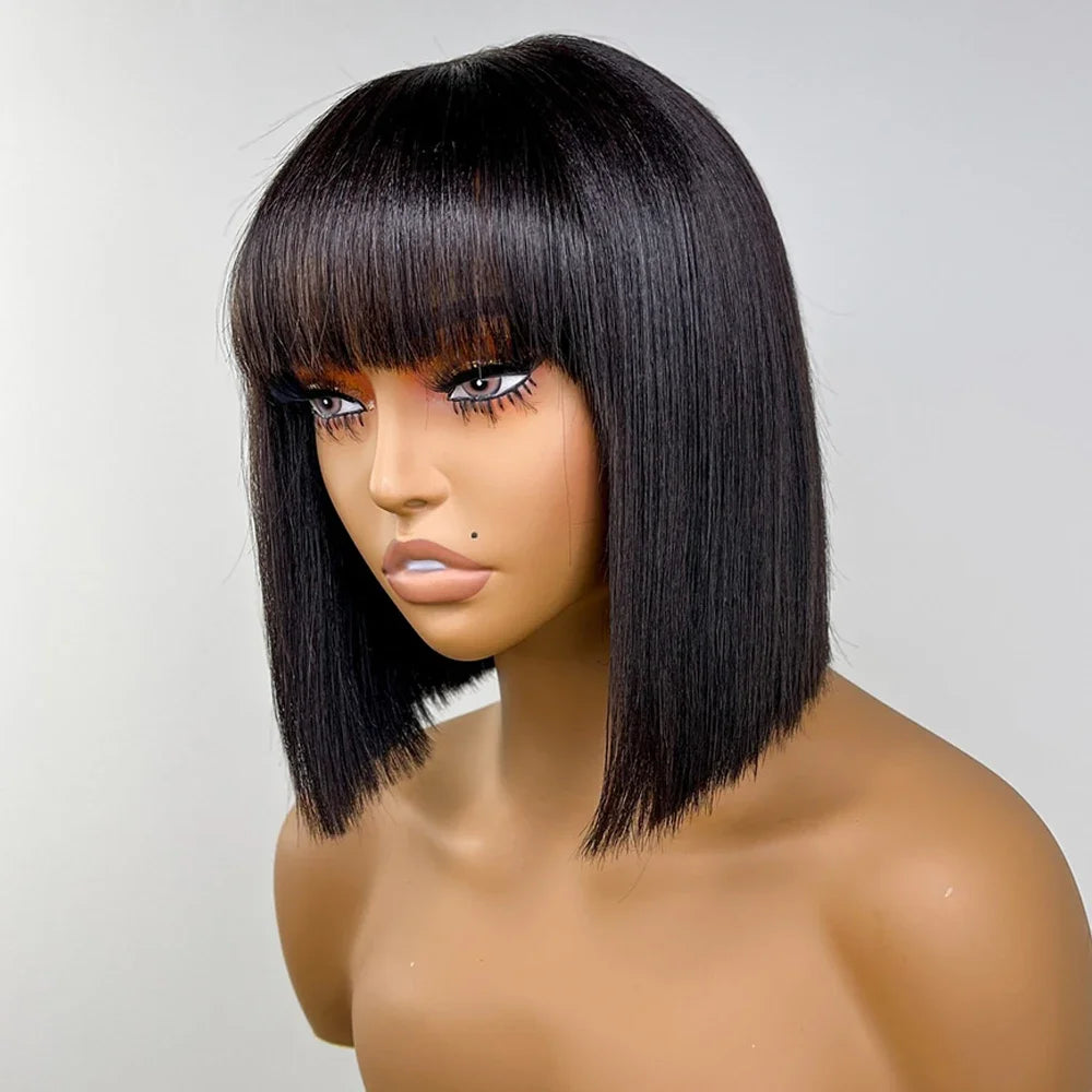 Short Straight Bob Human Hair Wig With Bangs for Women