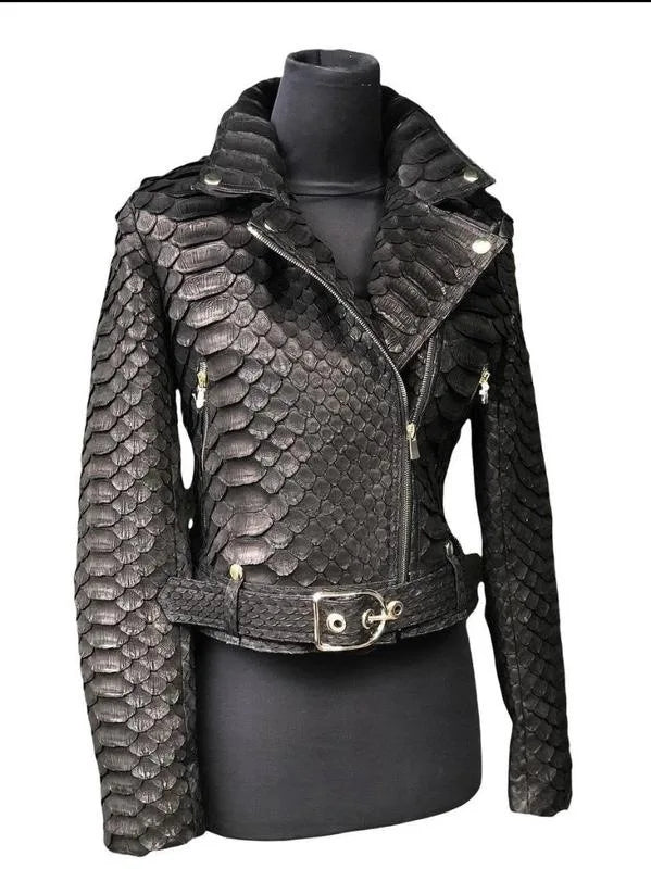 Black Faux Snakeskin PU Leather Zipper Jacket for Women