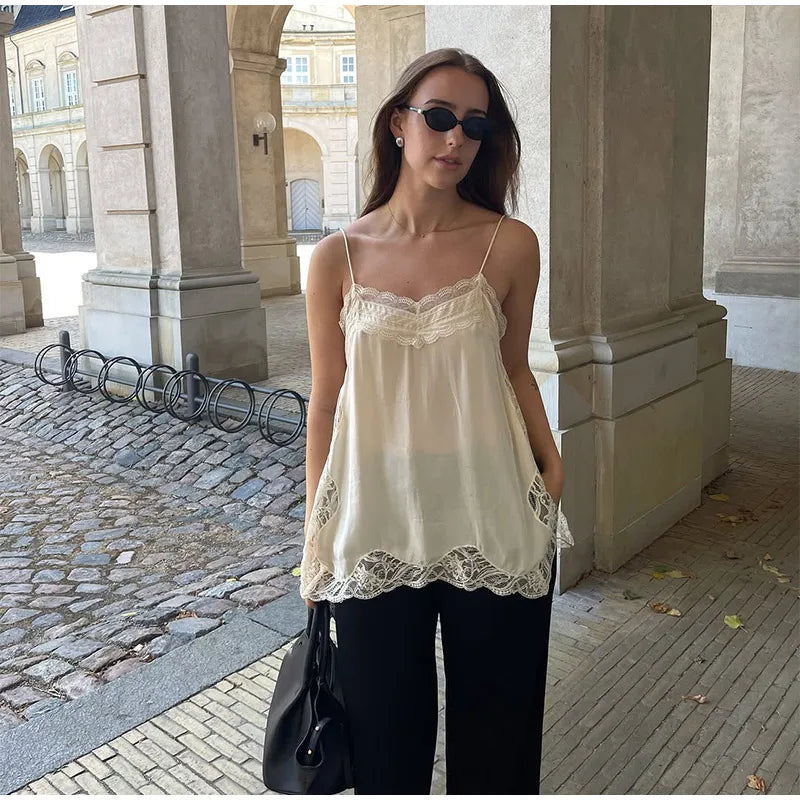 Brown Satin Lace Splicing Sling Dress Women Elegant Irregular Hem V Neck Backless Sleeveless Gown Chic Women Party Club Vestidos