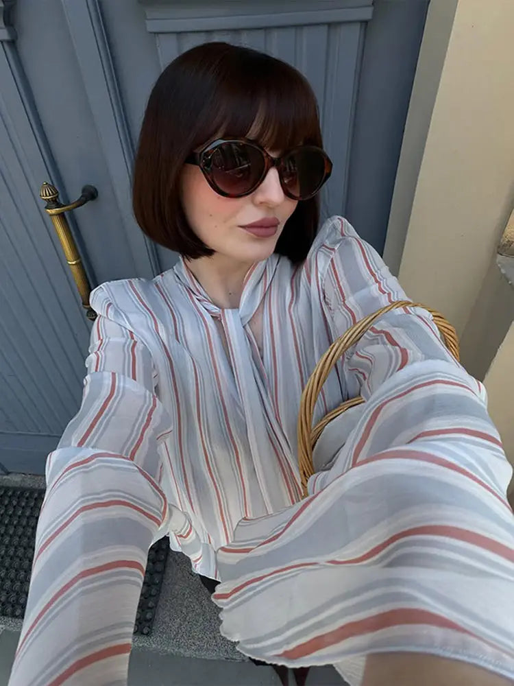 Casual Striped Long Flare Collar Cascading Ruffle Shirt for Women