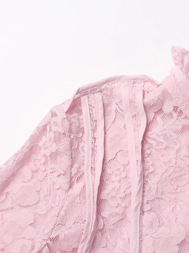 TWOTWINSTYLE Patchwork Lace Slimming Dresses For Women Stand Collar Flare Sleeve High Waist Solid Elegant Dress Female Fashion