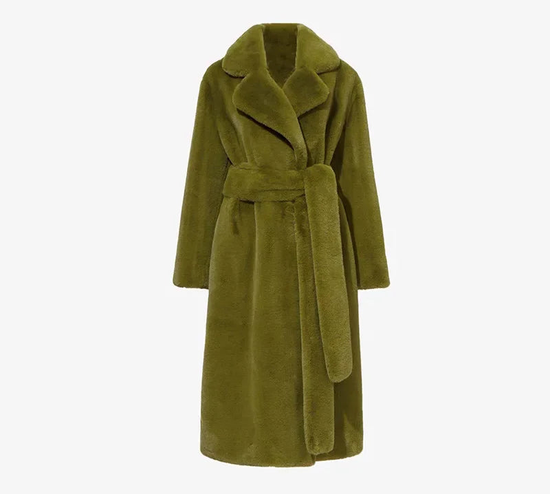 Long Belted Faux Fur Winter Coat