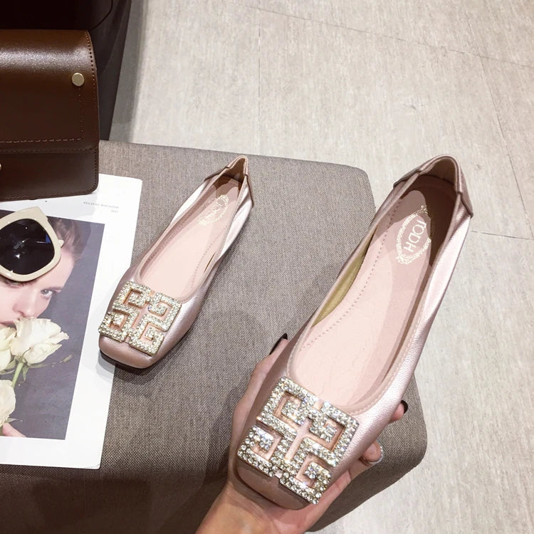 Rhinestone Buckle Square Toe Slip On Flats for Women