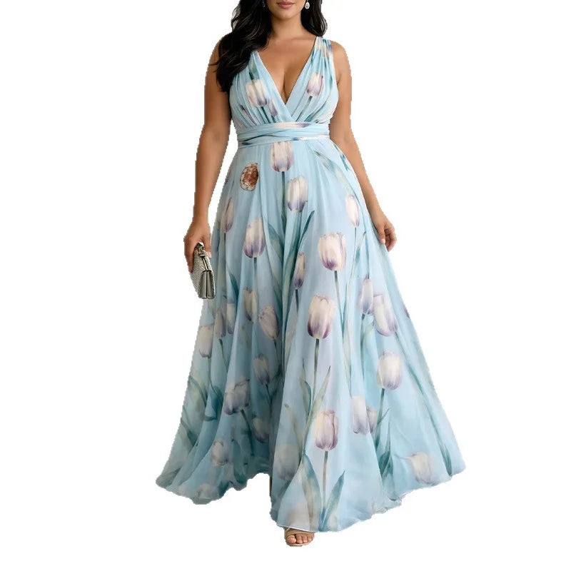 Light Blue Tulip Chiffon V Neck Sleeveless A Line Maxi Dress For Women