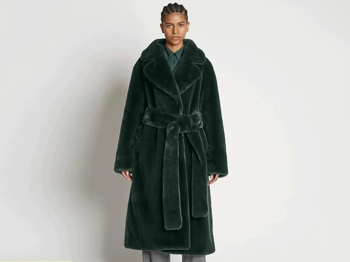 Long Belted Faux Fur Winter Coat