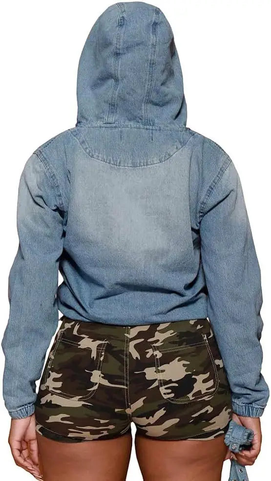 Hooded Denim Pullover Casual Short Jacket for Women