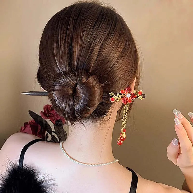 Red Floral Wooden Hanfu Hair Stick