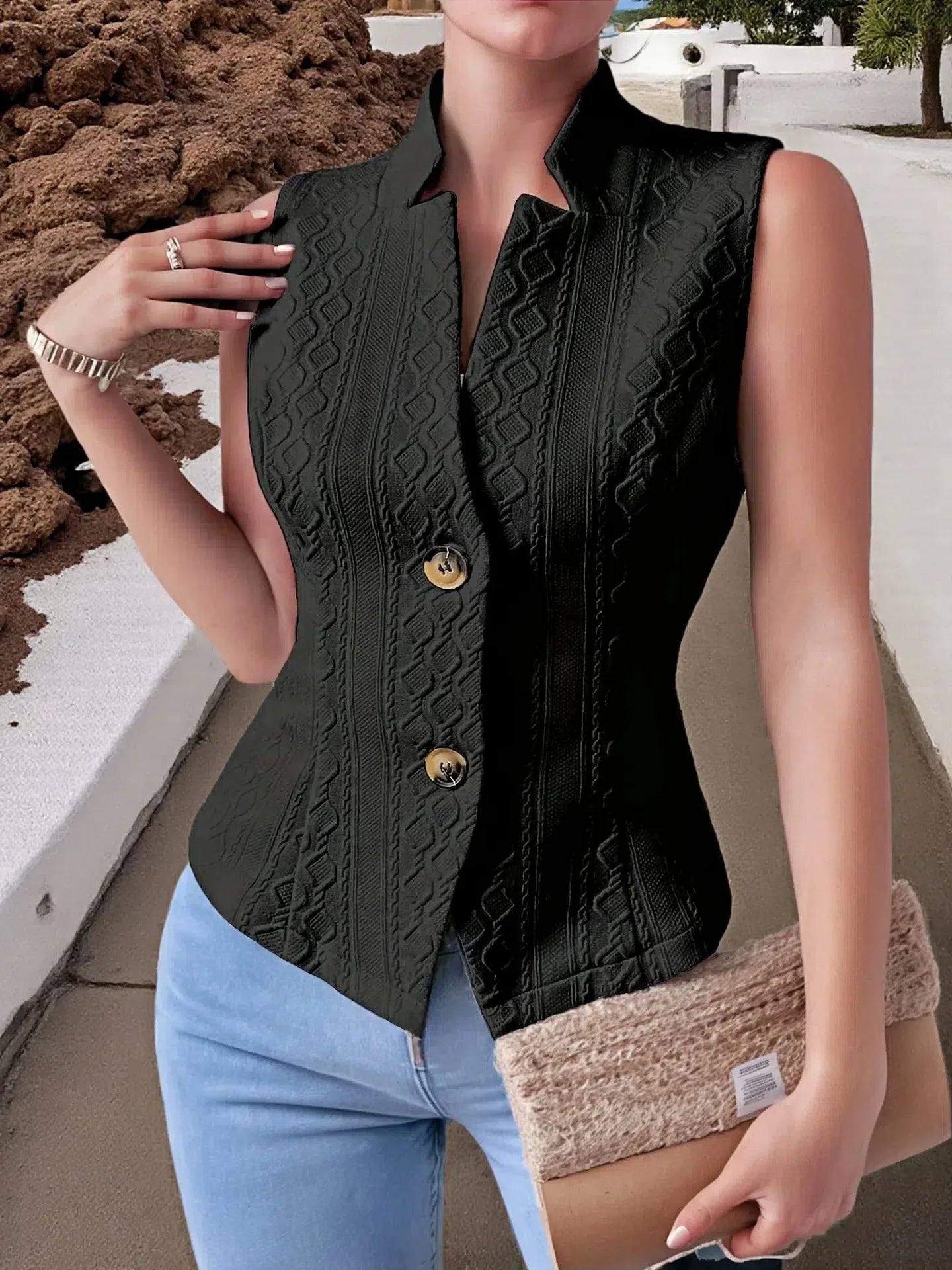 Solid Color Slim Fit Sleeveless Vest With Stand Up Collar for Women