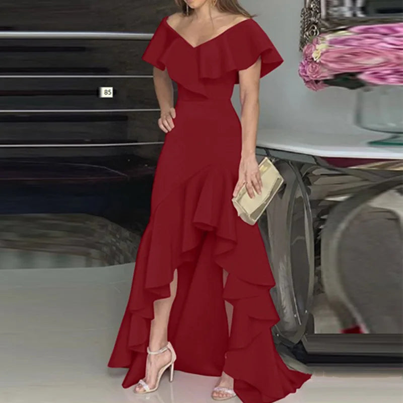 Elegant V-Neck Ruffle Hem Asymmetrical Dress European Style Women's Fashion 2026 Gown Classy Eveningwear