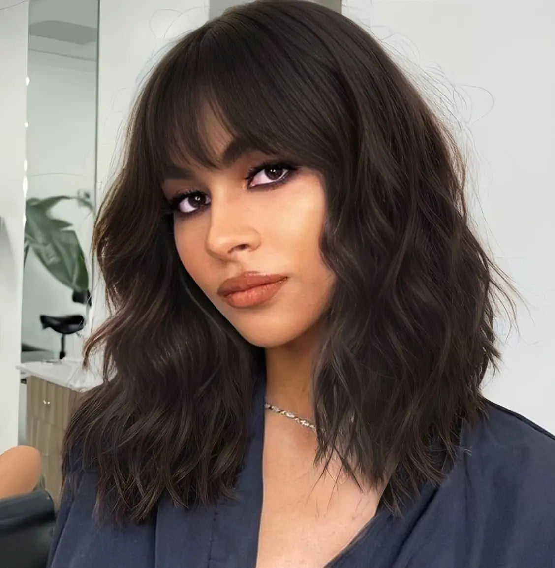 Natural Brown Synthetic Curly Wavy Bangs Bob Wig for Women