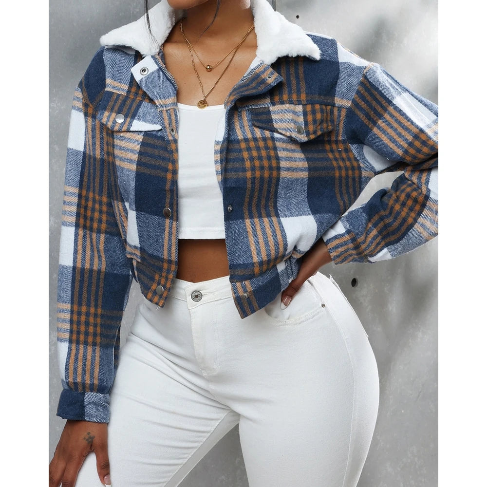Women Fluffy Turn-down Collar Striped Print Covered Button Short Jackets Autumn Long Sleeve Coat Outfits Winter Clothing