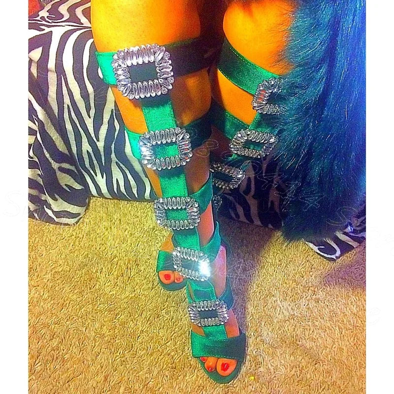 Elegant Green Crystal Buckle High Heel Boots for Women
