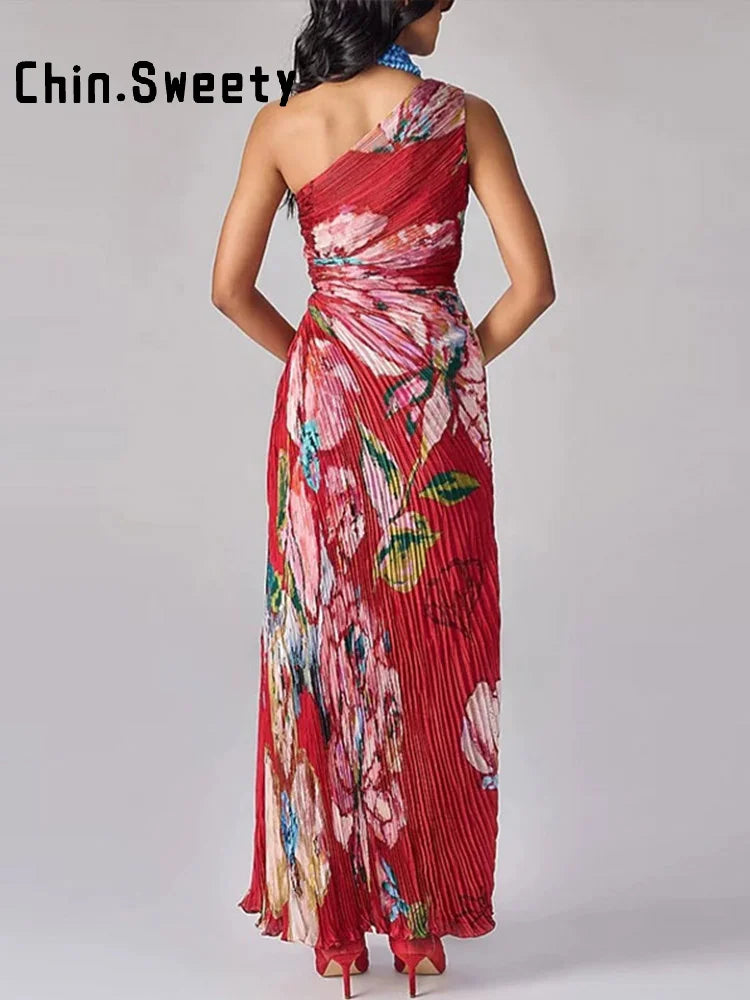 Printed Slanted Shoulder Sleeveless Maxi Dress for Women