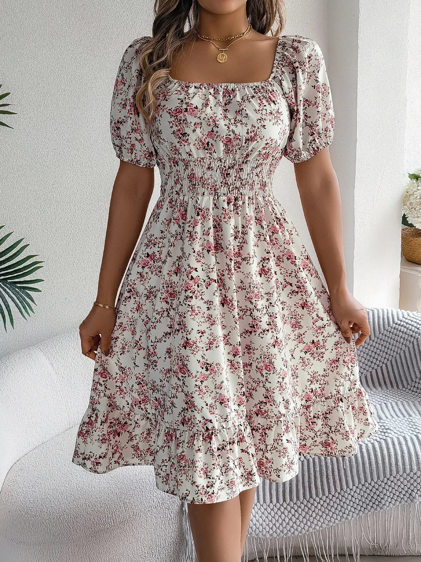 Floral Square Neck Short Sleeve High Waist Swing Dress for Women