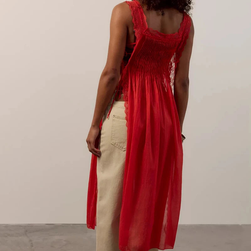 Lace Side Split Beach Pleated Solid Color Maxi Dress for Women