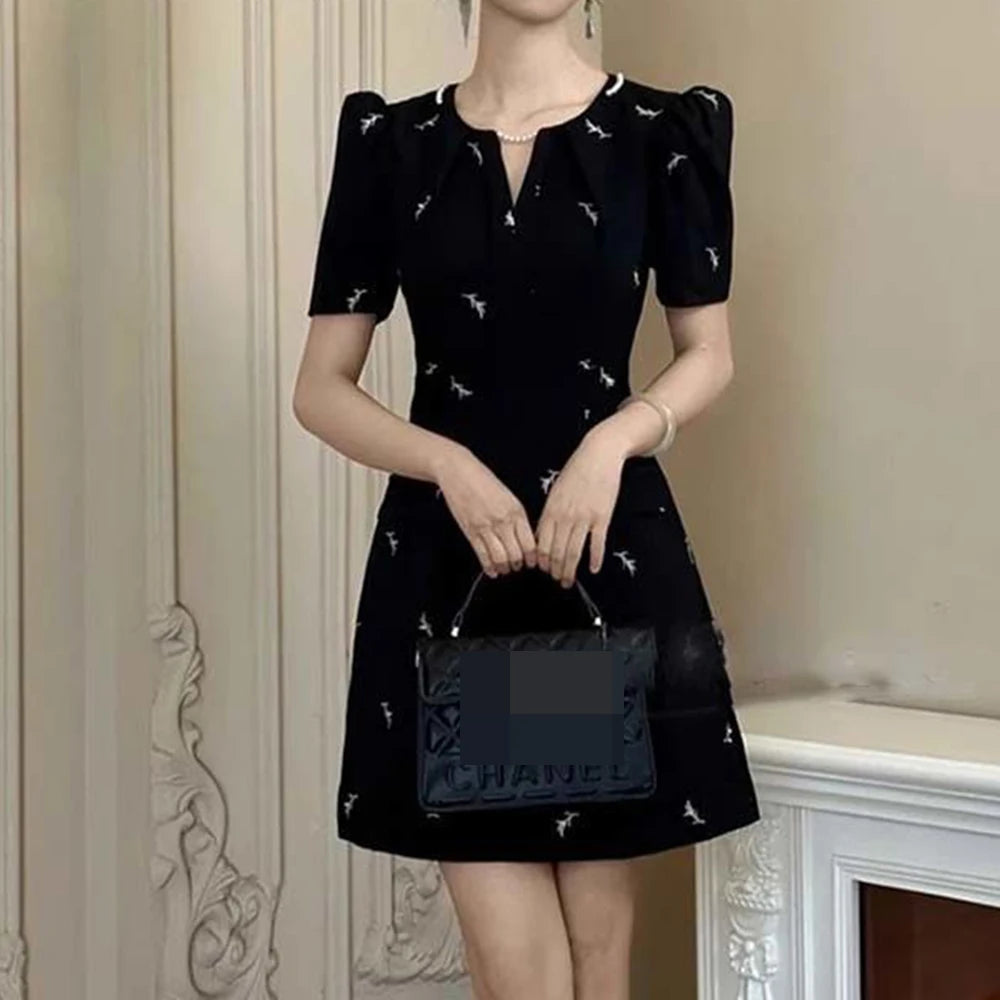 Hepburn Style Knee-Length Black A-Line Dress for Women