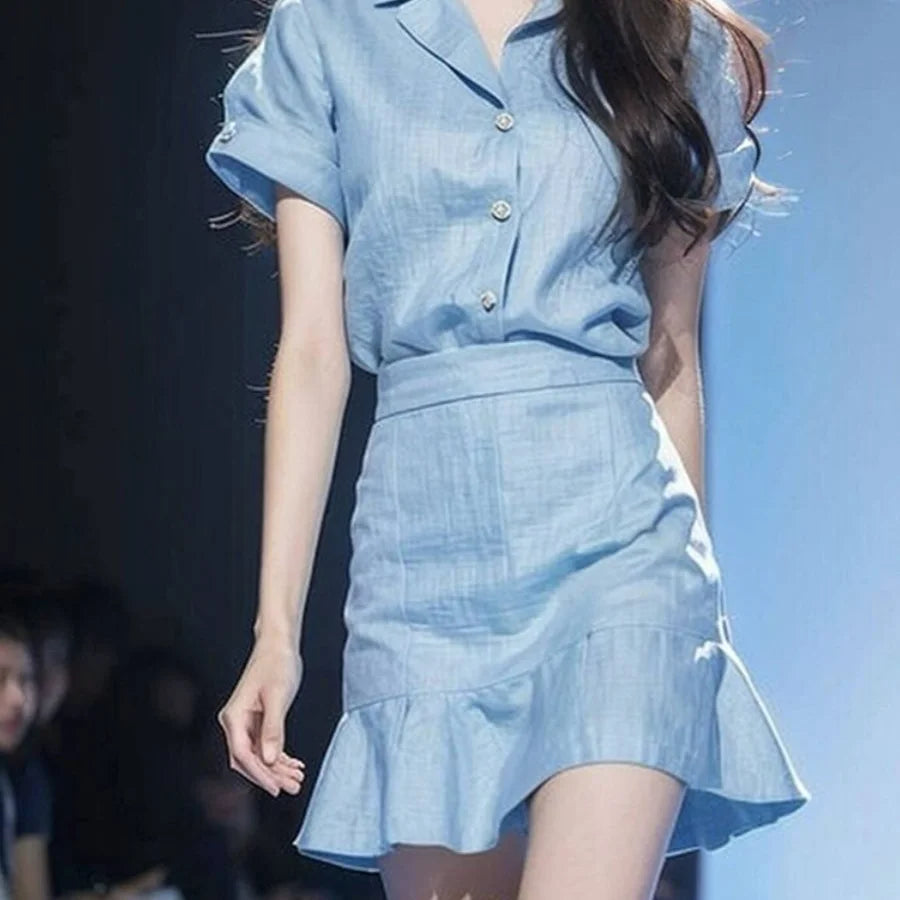 2 Pieces Sets for Women Short Sleeve Skirt Blue Woman Outfit Beach Top and Bottom Stylish Formal Occasion Clothing Trend 2025